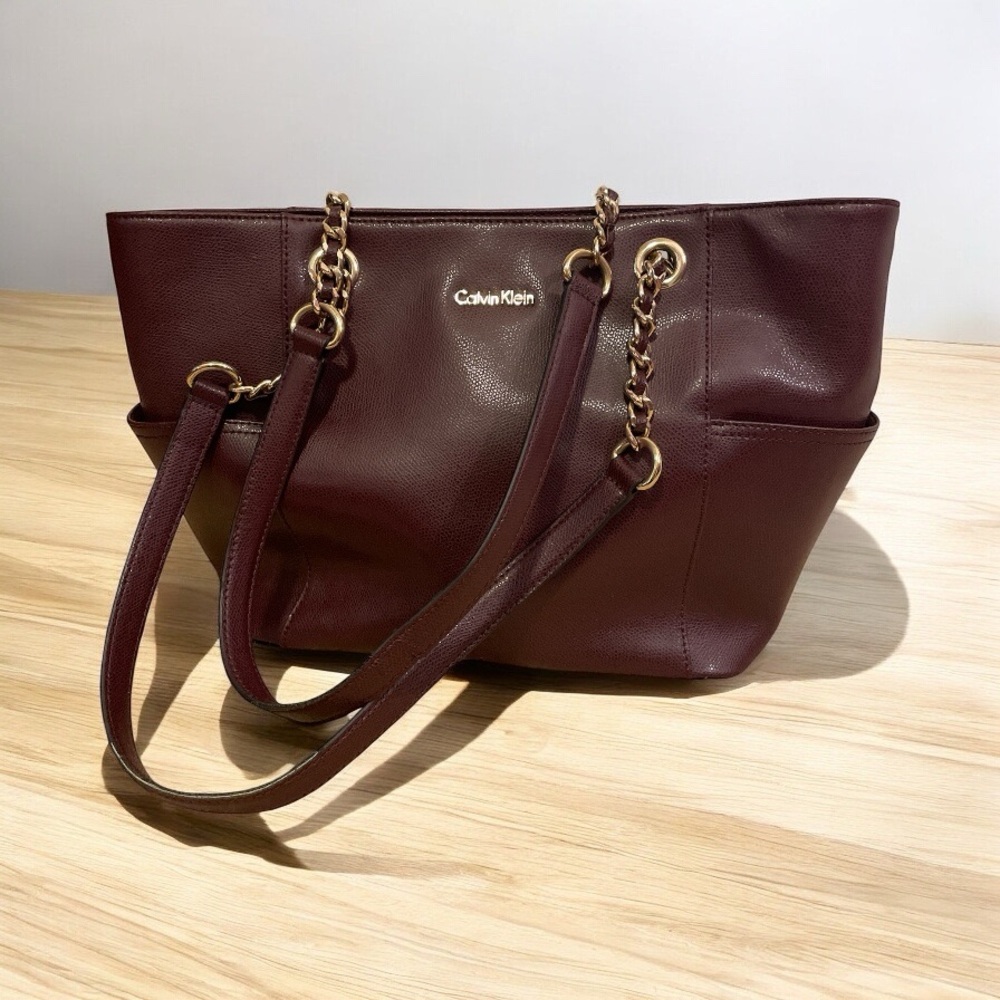 Calvin Klein Brown and Gold Tote Bag with Structured Design